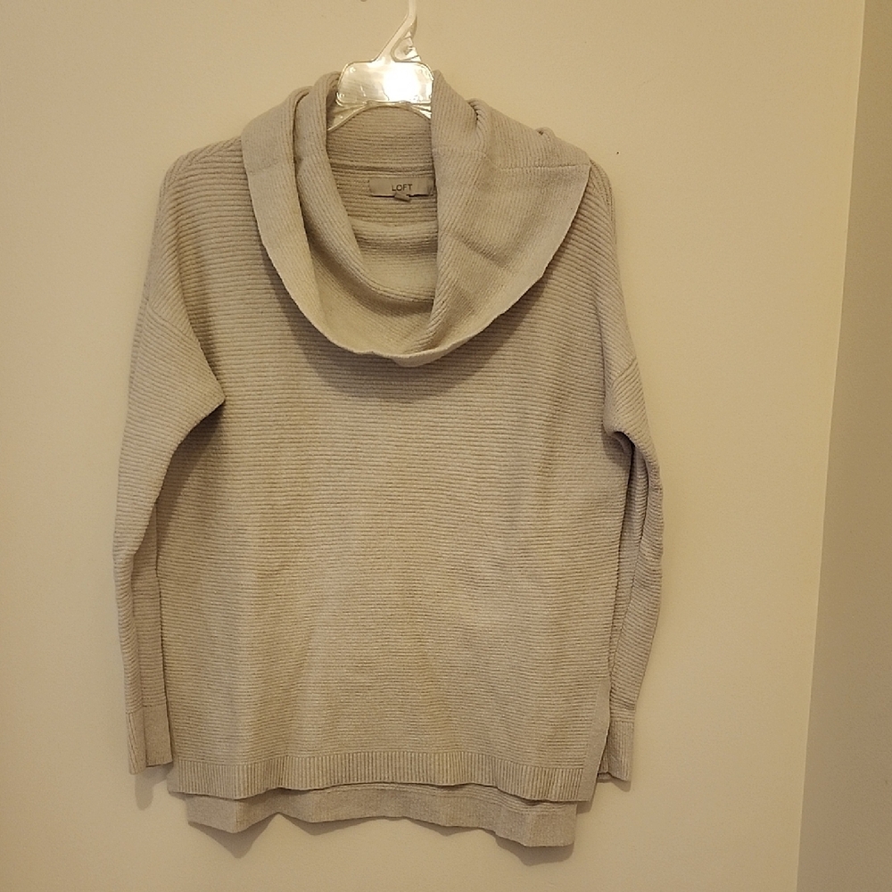 Cowl Neck Loft ribbed material sweater. Cream. Tunic style with side slits